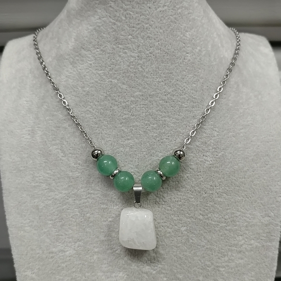 Quartz Crystal Aventurine Beaded Necklace Natural Gemstone Pendant Stainless 20" - Picture 7 of 15